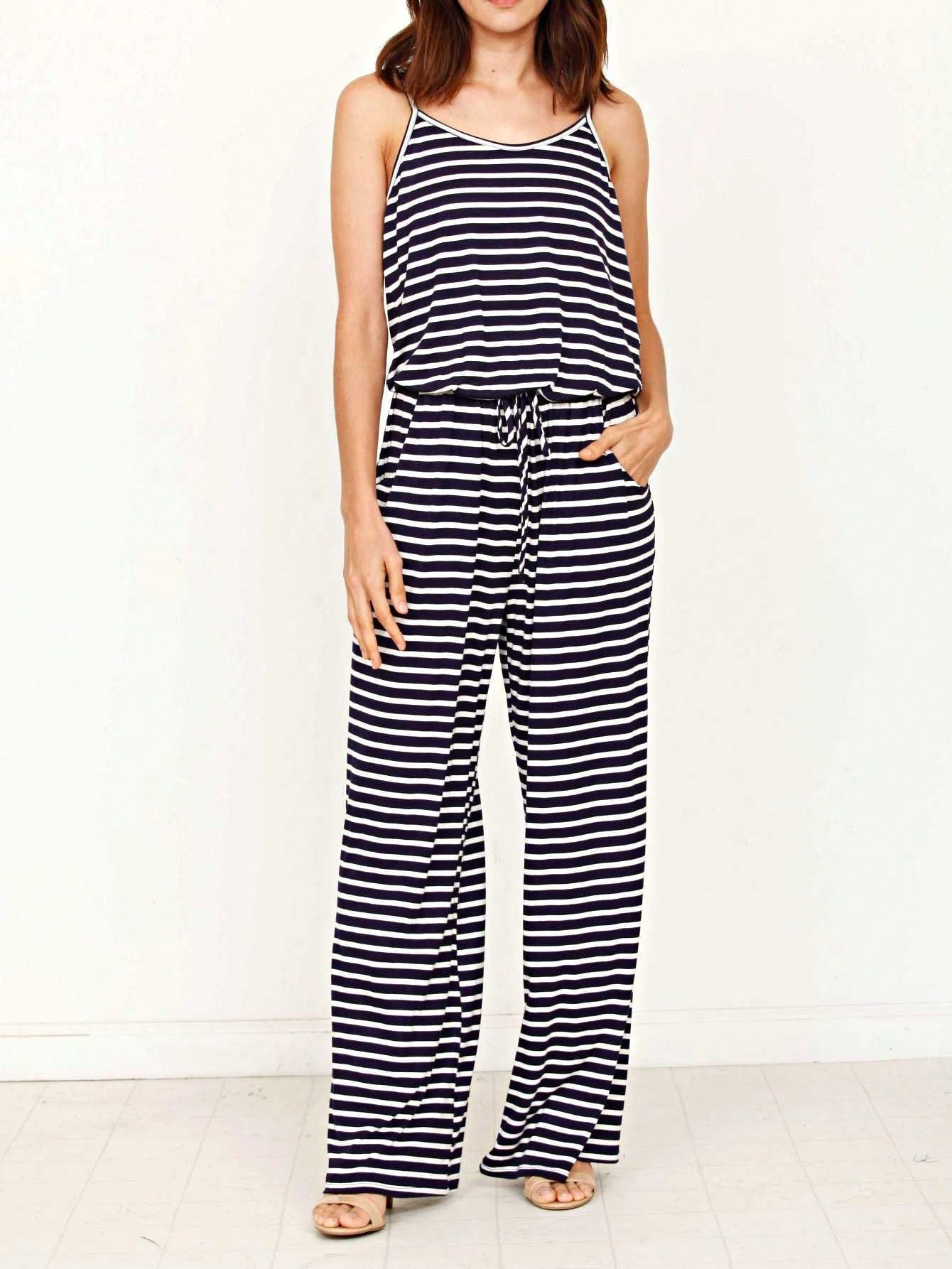 Boho Casual Teal Navy Blue Stripe Tank Cami Spaghetti Strap Wide Leg Jumpsuit Small To 3 XL PLUS