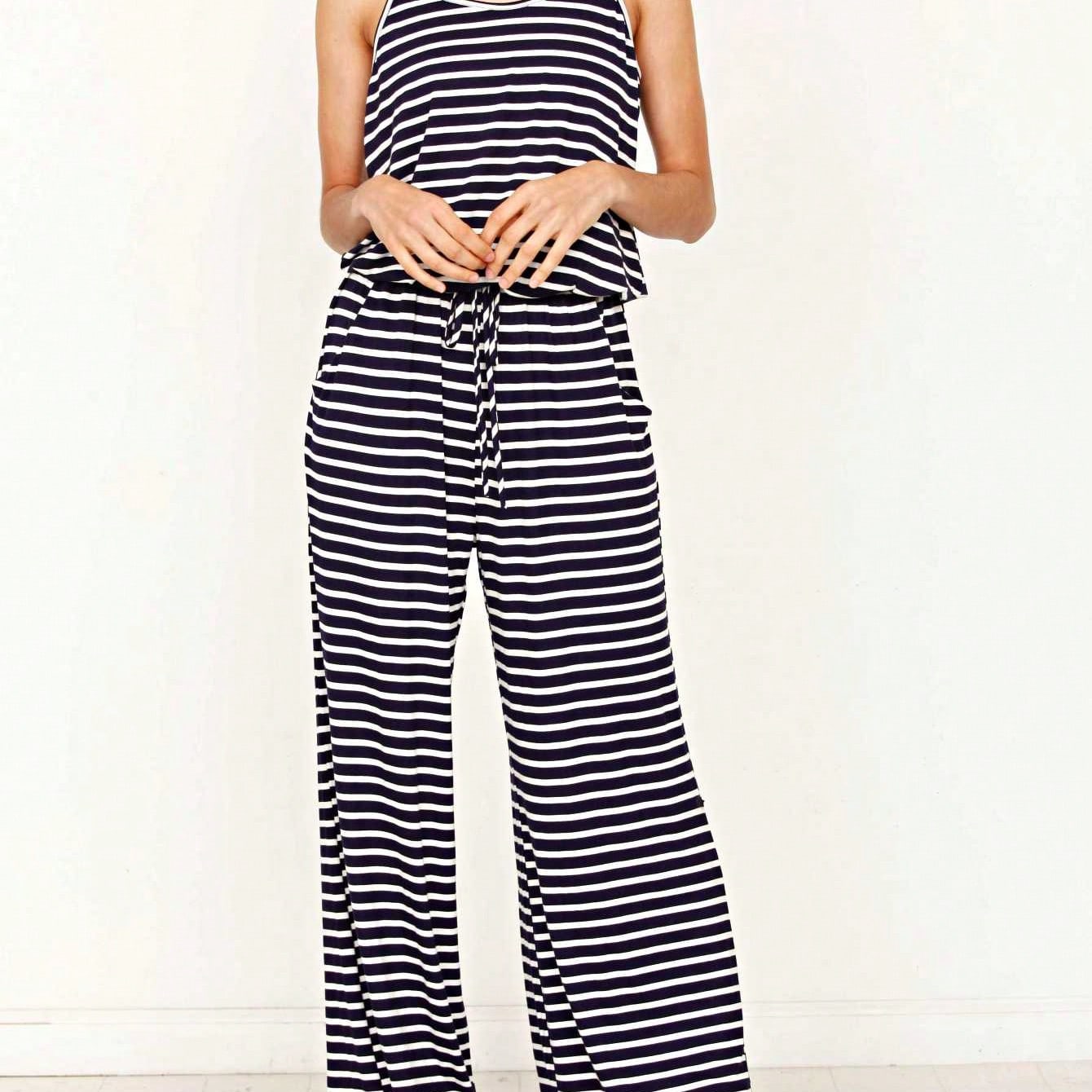 Boho Casual Teal Navy Blue Stripe Tank Cami Spaghetti Strap Wide Leg Jumpsuit Small To 3 XL PLUS