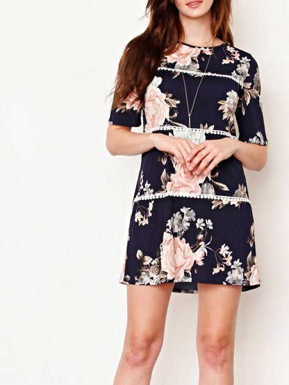 Boho Retro Vintage 60's Vibe Black Floral Tiered PomPom Trimmed Mini Dress