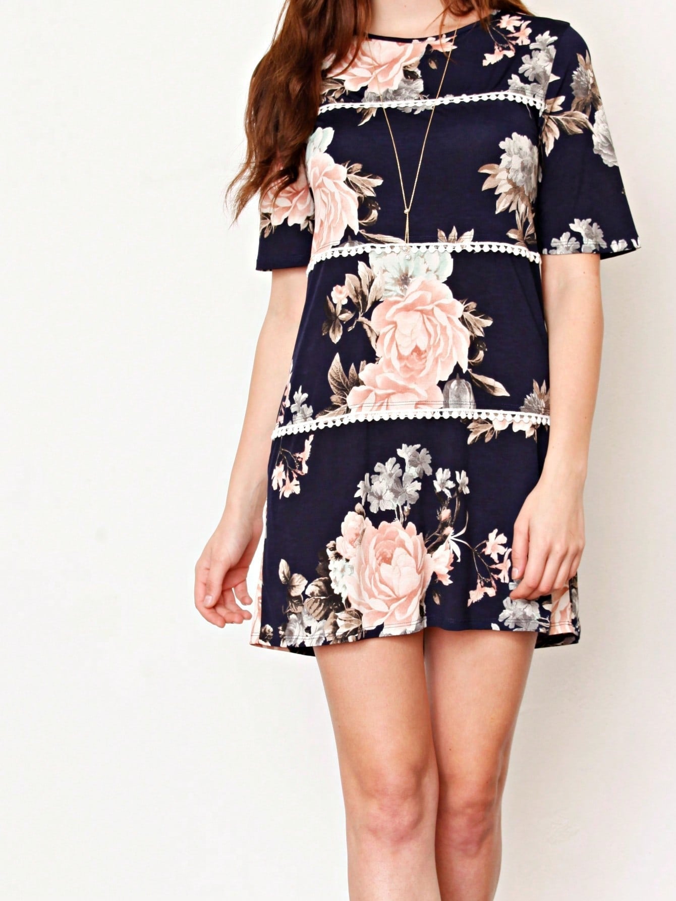 Boho Retro Vintage 60's Vibe Black Floral Tiered PomPom Trimmed Mini Dress