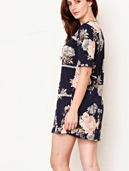 Boho Retro Vintage 60's Vibe Black Floral Tiered PomPom Trimmed Mini Dress