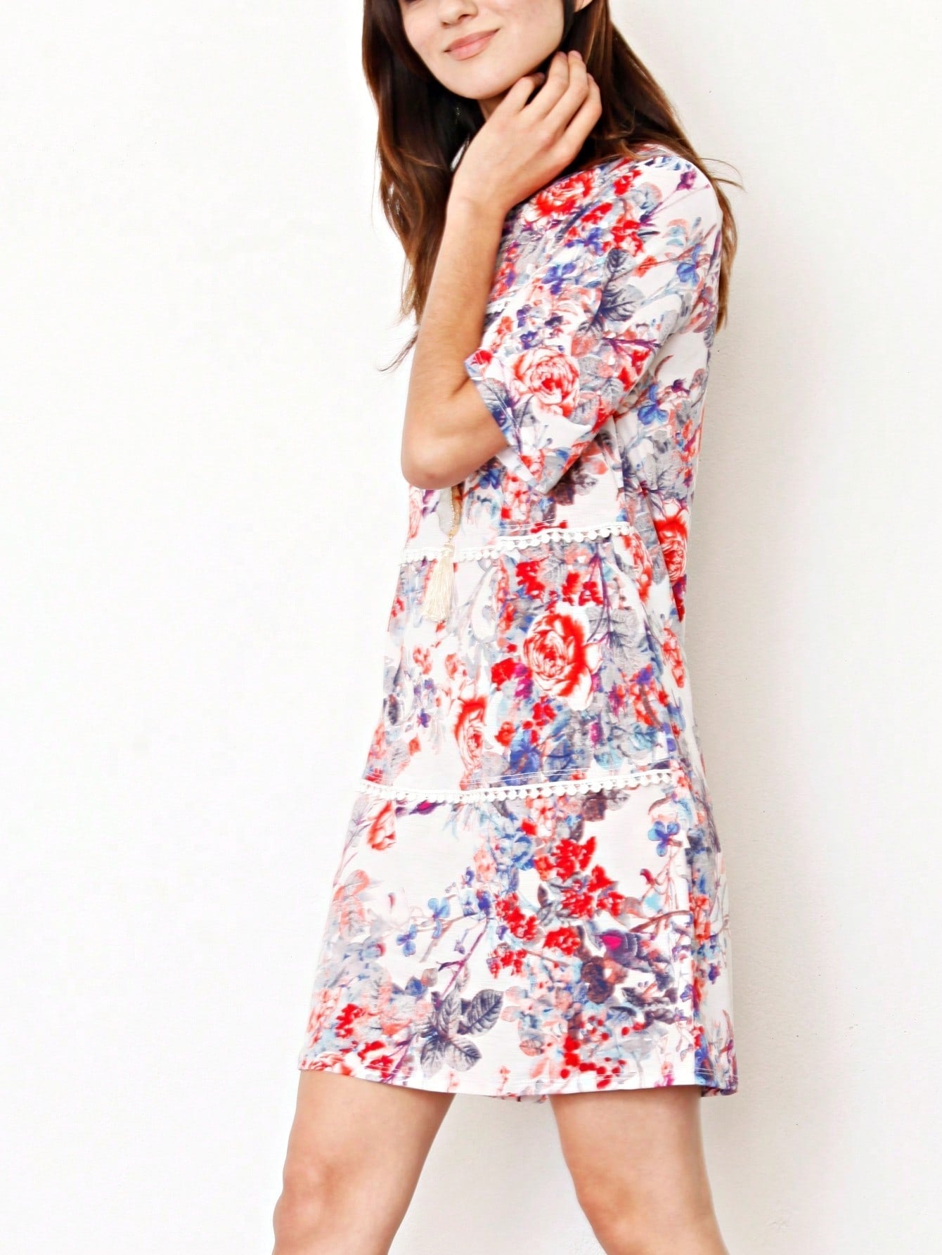 Boho Retro Vintage 60's Vibe Black Floral Tiered PomPom Trimmed Mini Dress
