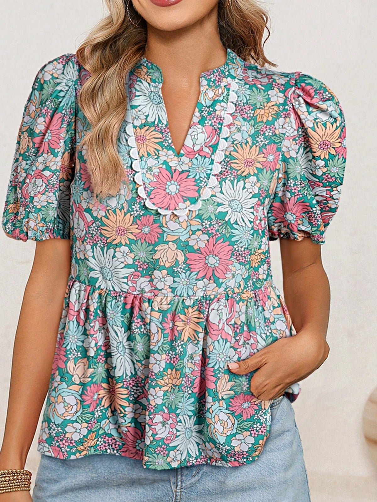 Boho Retro Vintage 60's Vibe Rose Red Floral Pleated Blue Stripe Dolman Bat Wing Ivory Whited Top Shirt Blouse