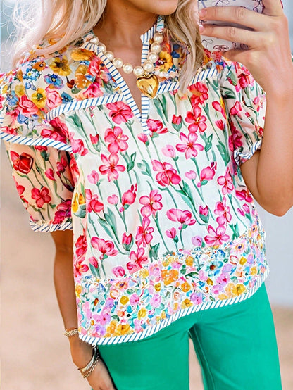 Boho Retro Vintage 60's Vibe Rose  Abstract Print Shirred Mock Button Neck Lantern Puff Bubble Sleeve Top Shirt Blouse