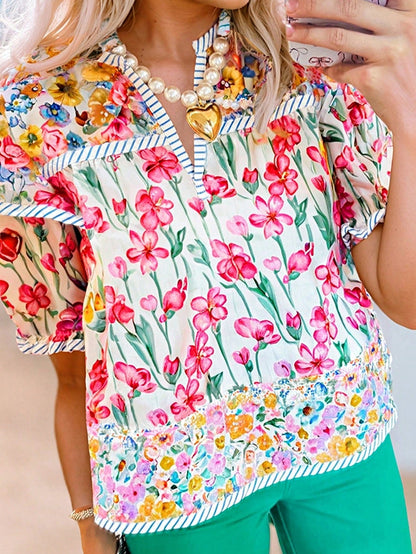 Boho Retro Vintage 60's Vibe Rose  Abstract Print Shirred Mock Button Neck Lantern Puff Bubble Sleeve Top Shirt Blouse