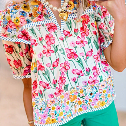 Boho Retro Vintage 60's Vibe Rose  Abstract Print Shirred Mock Button Neck Lantern Puff Bubble Sleeve Top Shirt Blouse