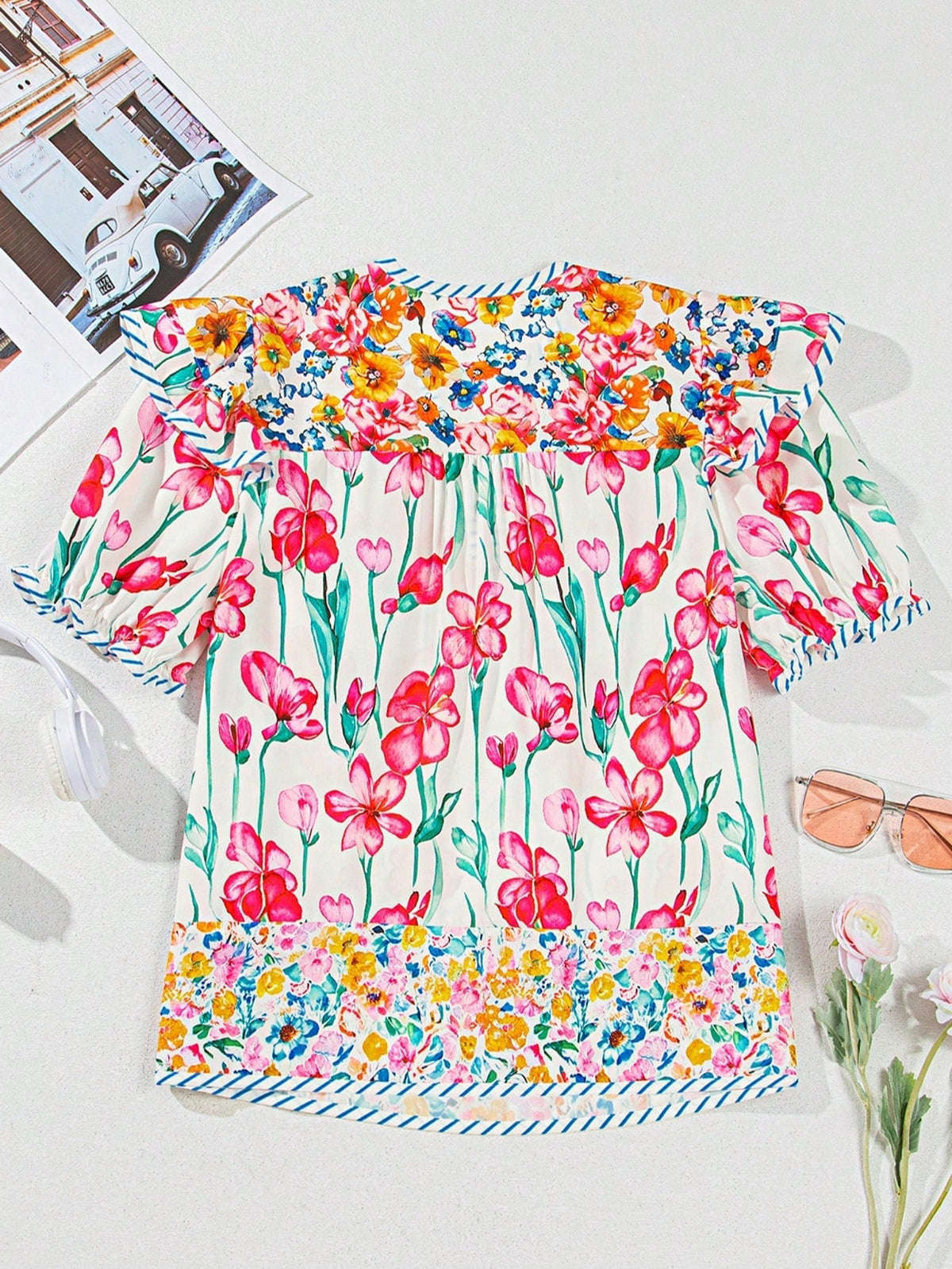 Boho Retro Vintage 60's Vibe Rose  Abstract Print Shirred Mock Button Neck Lantern Puff Bubble Sleeve Top Shirt Blouse
