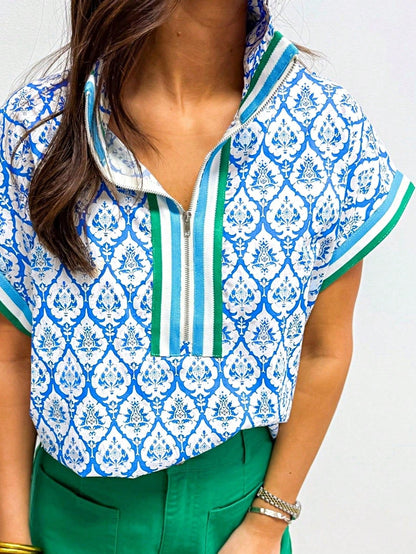 Boho Retro Vintage 60's Vibe Rose Red Floral Pleated Blue Stripe Dolman Bat Wing Ivory Whited Top Shirt Blouse