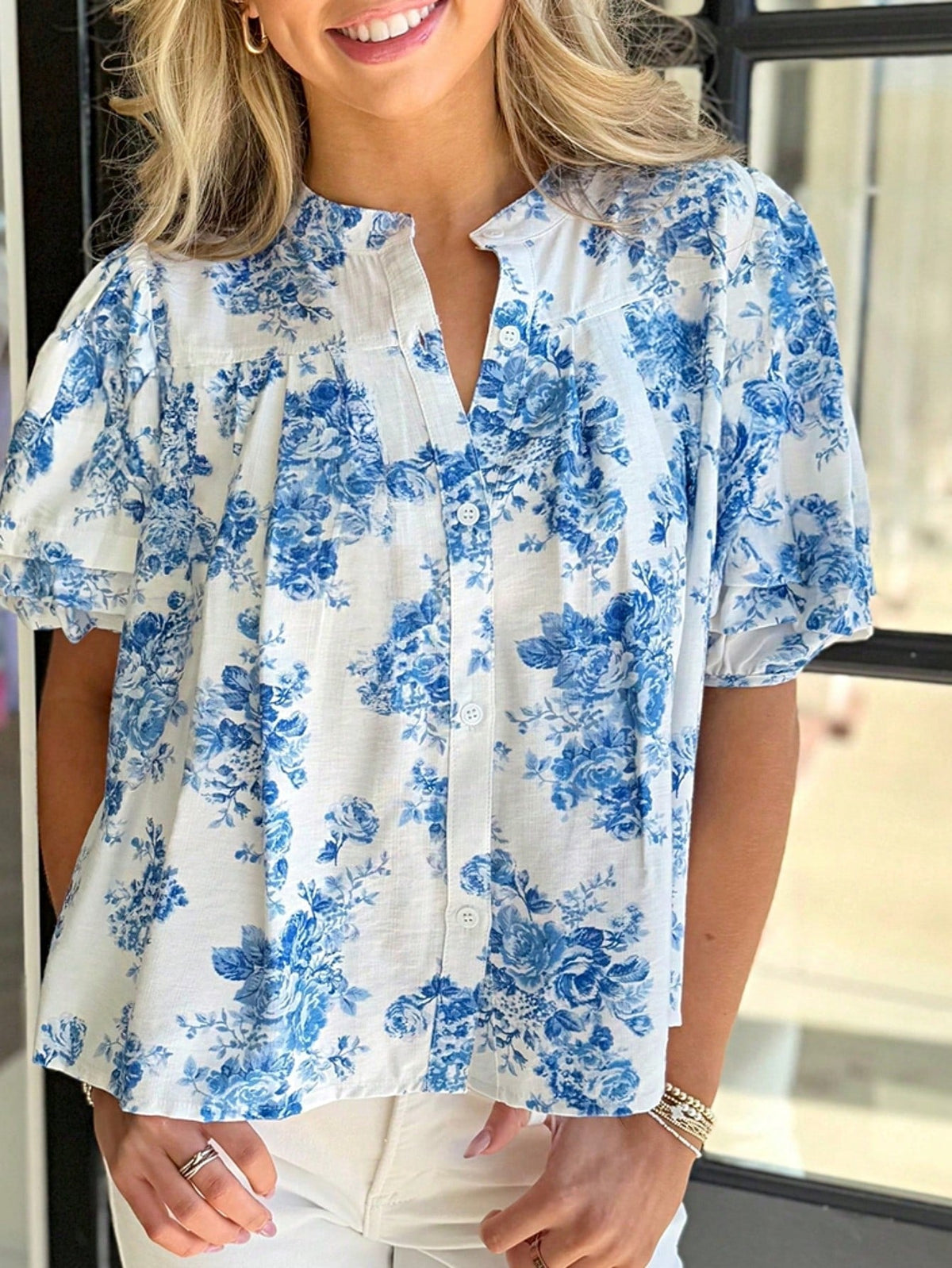 Boho Retro Vintage 60's Vibe Rose Red Floral Pleated Blue Stripe Dolman Bat Wing Ivory Whited Top Shirt Blouse
