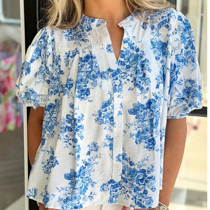 Boho Retro Vintage 60's Vibe Rose Red Floral Pleated Blue Stripe Dolman Bat Wing Ivory Whited Top Shirt Blouse