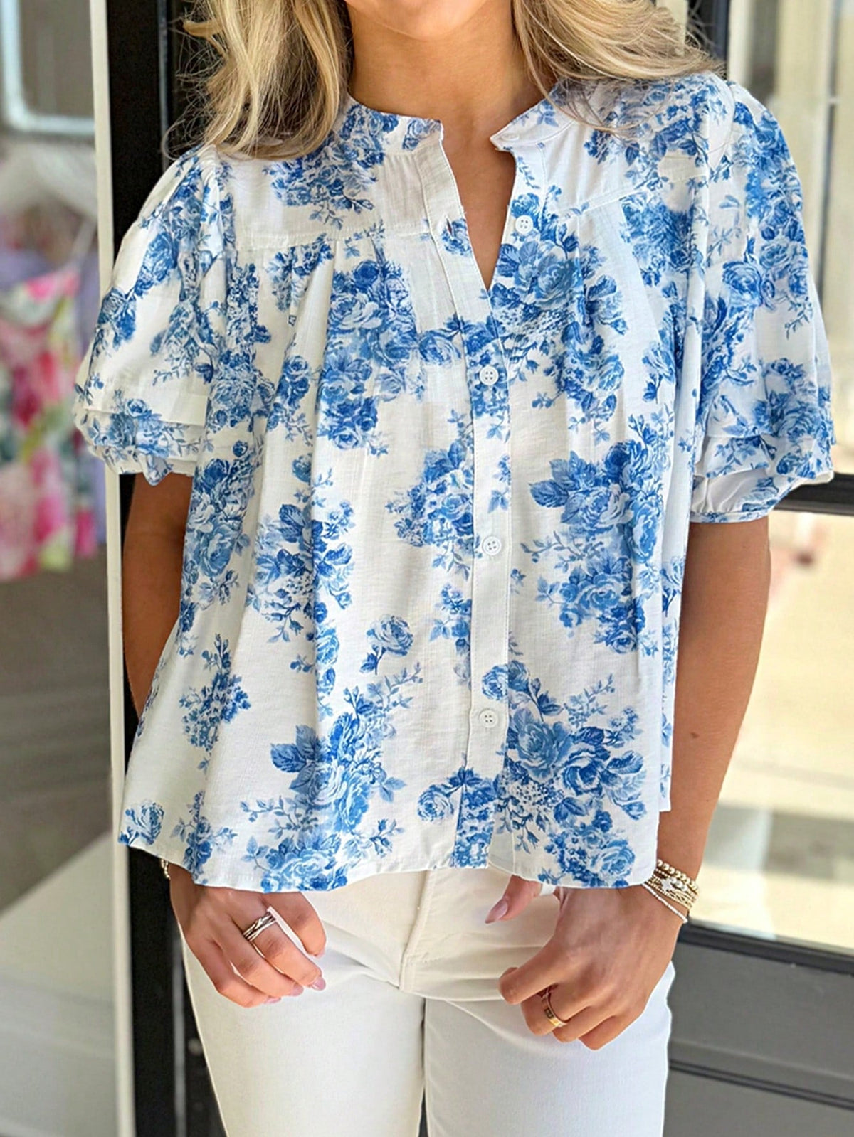 Boho Retro Vintage 60's Vibe Rose Red Floral Pleated Blue Stripe Dolman Bat Wing Ivory Whited Top Shirt Blouse