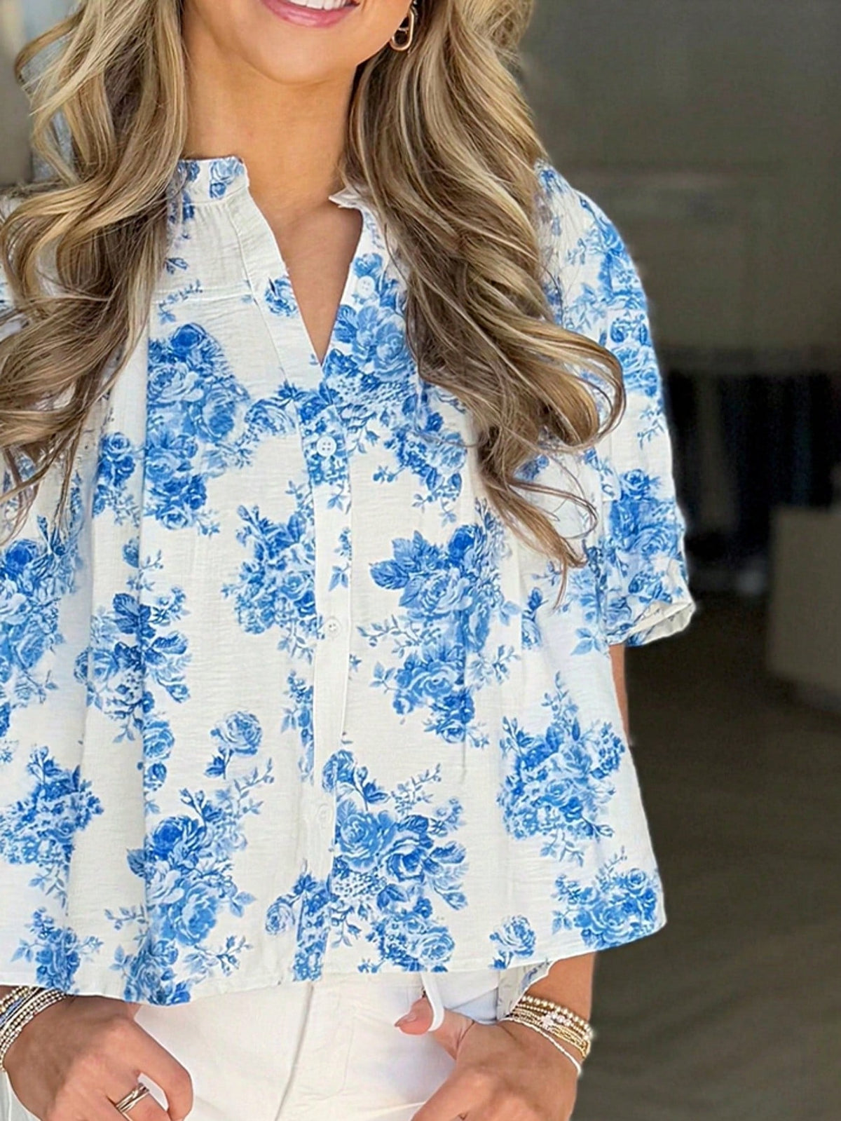 Boho Retro Vintage 60's Vibe Rose Red Floral Pleated Blue Stripe Dolman Bat Wing Ivory Whited Top Shirt Blouse