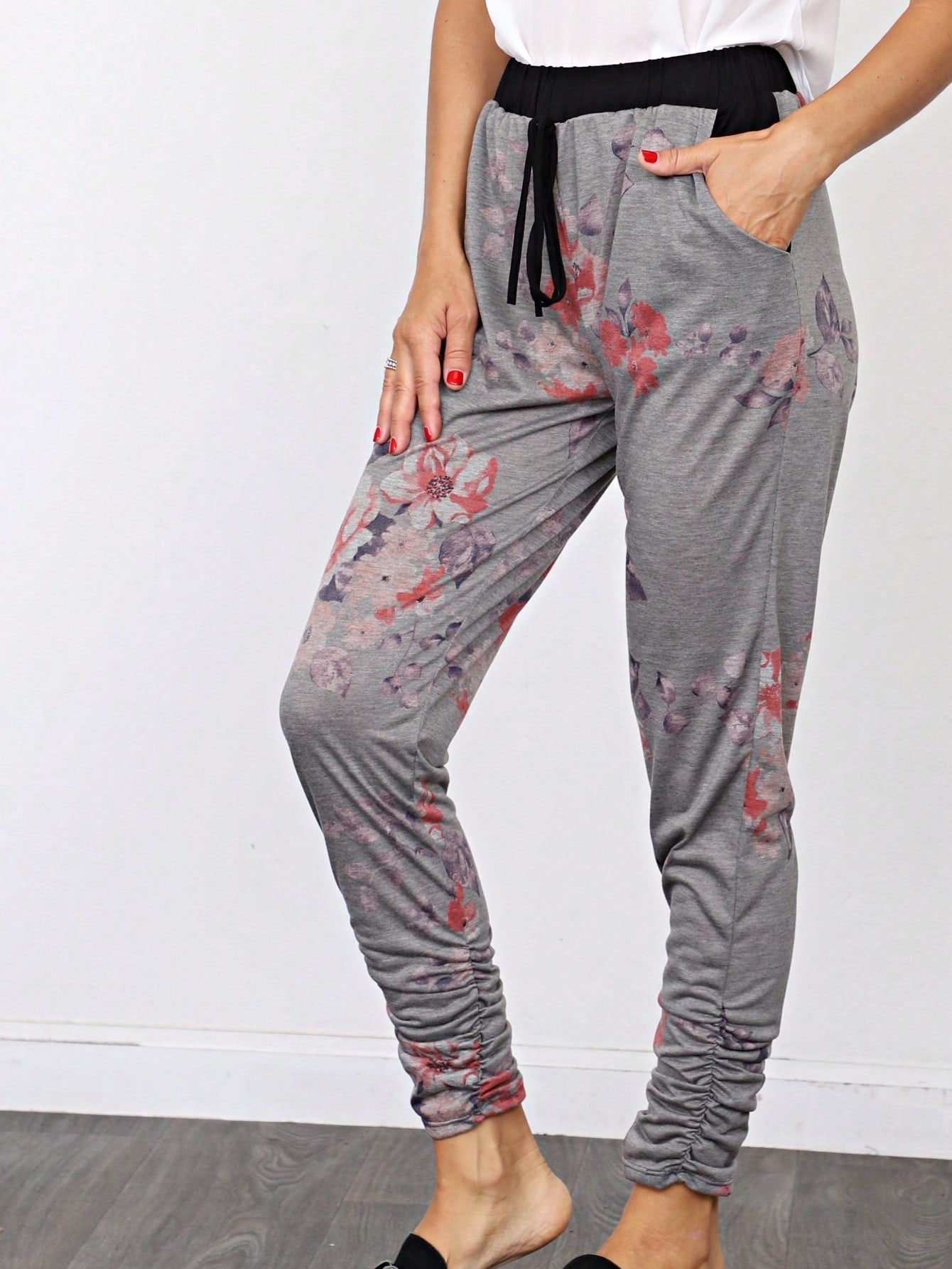 Boho Retro 90's Tie Dye Pink Blue Solid Olive Navy Black Charcoal  Grey Shirred Ruched Cuff  Jogger Pants With Drawstring And Pocket