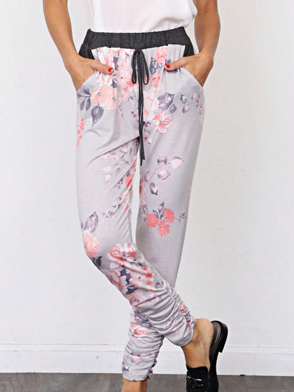 Boho Retro 90's Tie Dye Pink Blue Solid Olive Navy Black Charcoal  Grey Shirred Ruched Cuff  Jogger Pants With Drawstring And Pocket