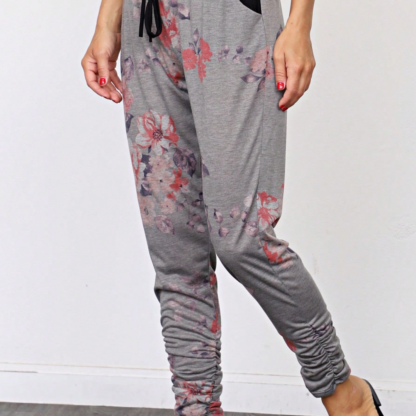 Boho Retro 90's Tie Dye Pink Blue Solid Olive Navy Black Charcoal  Grey Shirred Ruched Cuff  Jogger Pants With Drawstring And Pocket