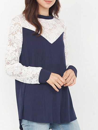Gold Red Lace Hollow Eyelet Rayon Soft Long  Sleeve Raglan Tunic Top Band Hem Shirt