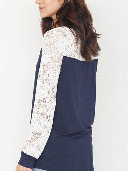 Gold Red Lace Hollow Eyelet Rayon Soft Long  Sleeve Raglan Tunic Top Band Hem Shirt
