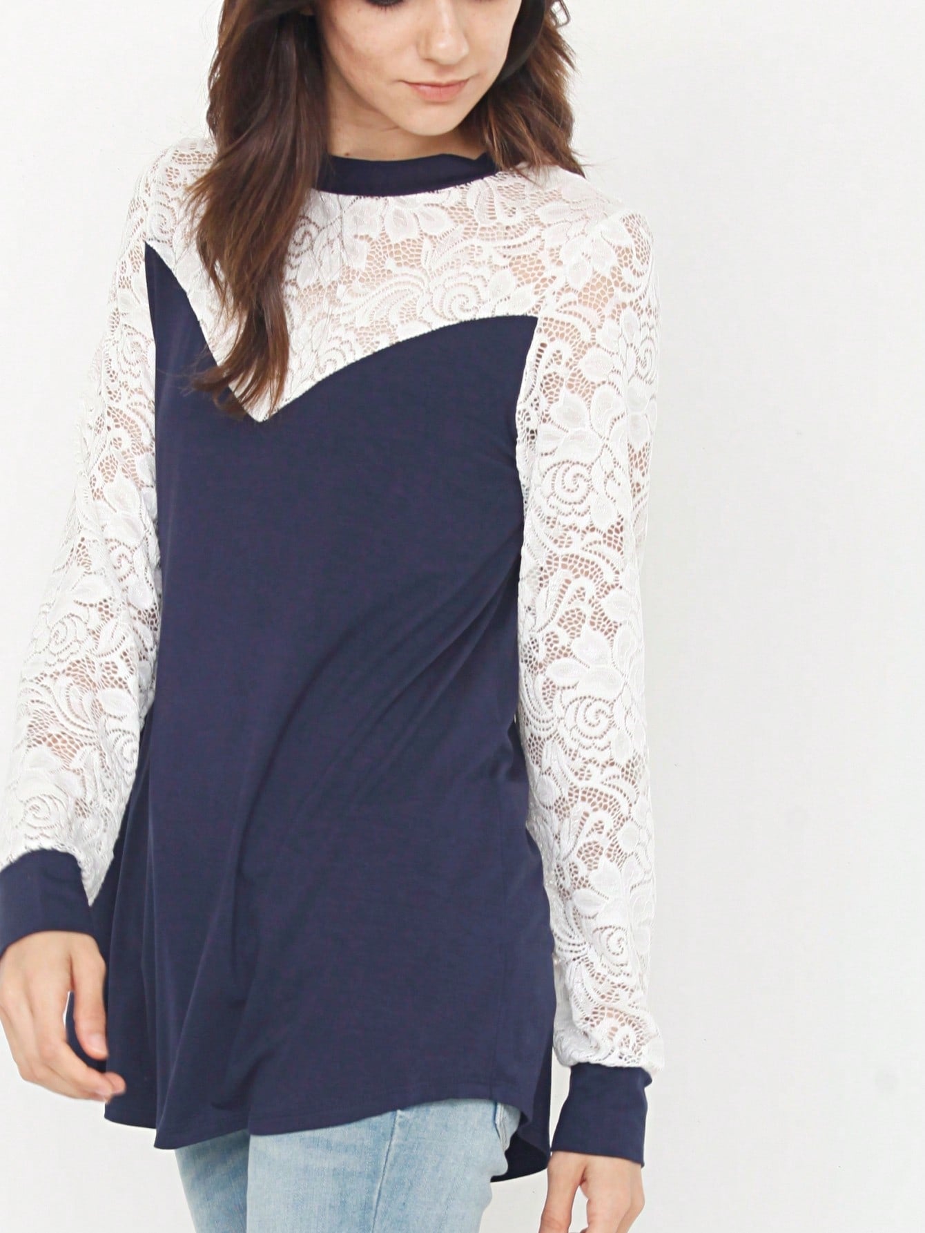 Gold Red Lace Hollow Eyelet Rayon Soft Long  Sleeve Raglan Tunic Top Band Hem Shirt