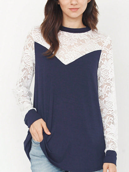 Gold Red Lace Hollow Eyelet Rayon Soft Long  Sleeve Raglan Tunic Top Band Hem Shirt