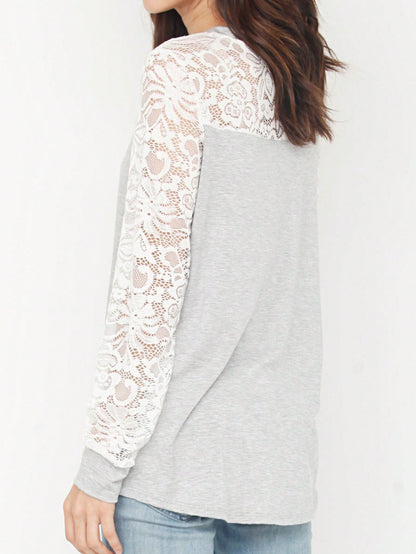 Gold Red Lace Hollow Eyelet Rayon Soft Long  Sleeve Raglan Tunic Top Band Hem Shirt