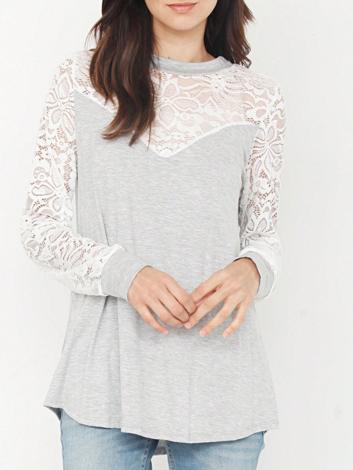 Gold Red Lace Hollow Eyelet Rayon Soft Long  Sleeve Raglan Tunic Top Band Hem Shirt