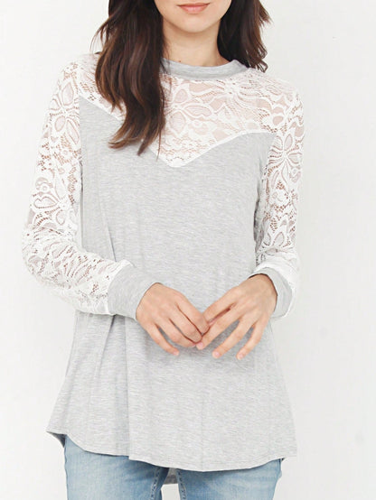 Gold Red Lace Hollow Eyelet Rayon Soft Long  Sleeve Raglan Tunic Top Band Hem Shirt