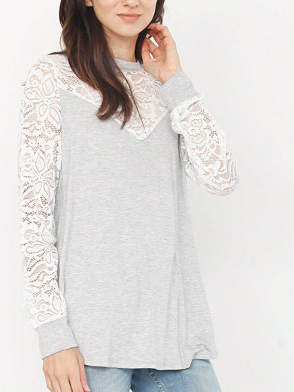 Gold Red Lace Hollow Eyelet Rayon Soft Long  Sleeve Raglan Tunic Top Band Hem Shirt