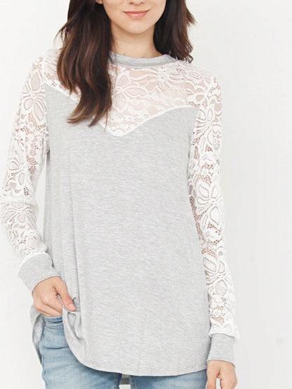 Gold Red Lace Hollow Eyelet Rayon Soft Long  Sleeve Raglan Tunic Top Band Hem Shirt