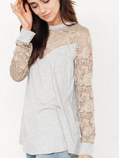 Gold Red Lace Hollow Eyelet Rayon Soft Long  Sleeve Raglan Tunic Top Band Hem Shirt