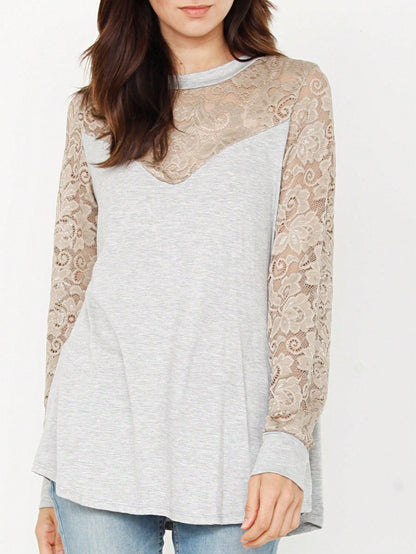 Gold Red Lace Hollow Eyelet Rayon Soft Long  Sleeve Raglan Tunic Top Band Hem Shirt