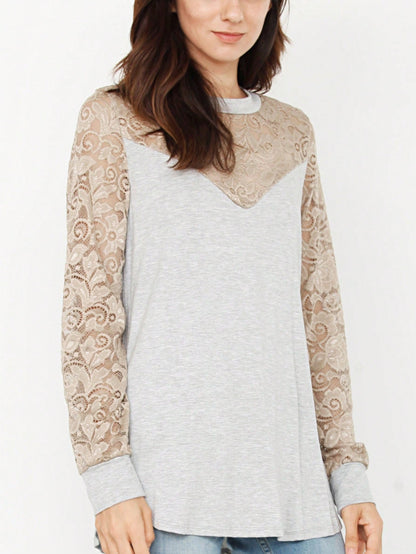 Gold Red Lace Hollow Eyelet Rayon Soft Long  Sleeve Raglan Tunic Top Band Hem Shirt