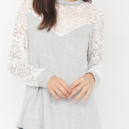 Gold Red Lace Hollow Eyelet Rayon Soft Long  Sleeve Raglan Tunic Top Band Hem Shirt