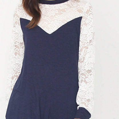 Gold Red Lace Hollow Eyelet Rayon Soft Long  Sleeve Raglan Tunic Top Band Hem Shirt