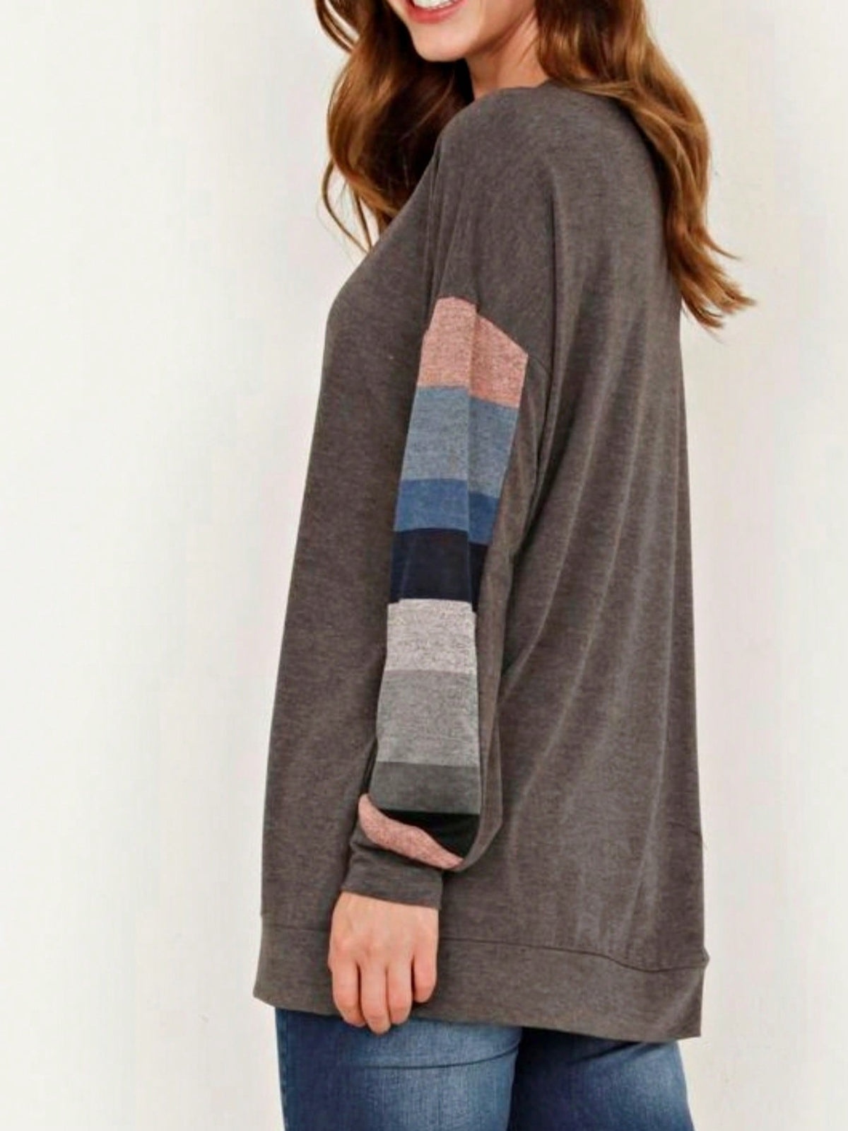 Boho Retro 90's Vintage  Preppy V Stitch  Stripe Knit Contrast Binding Brushed Soft Floral Raglan Sleeve Tunic Top Pullover Only