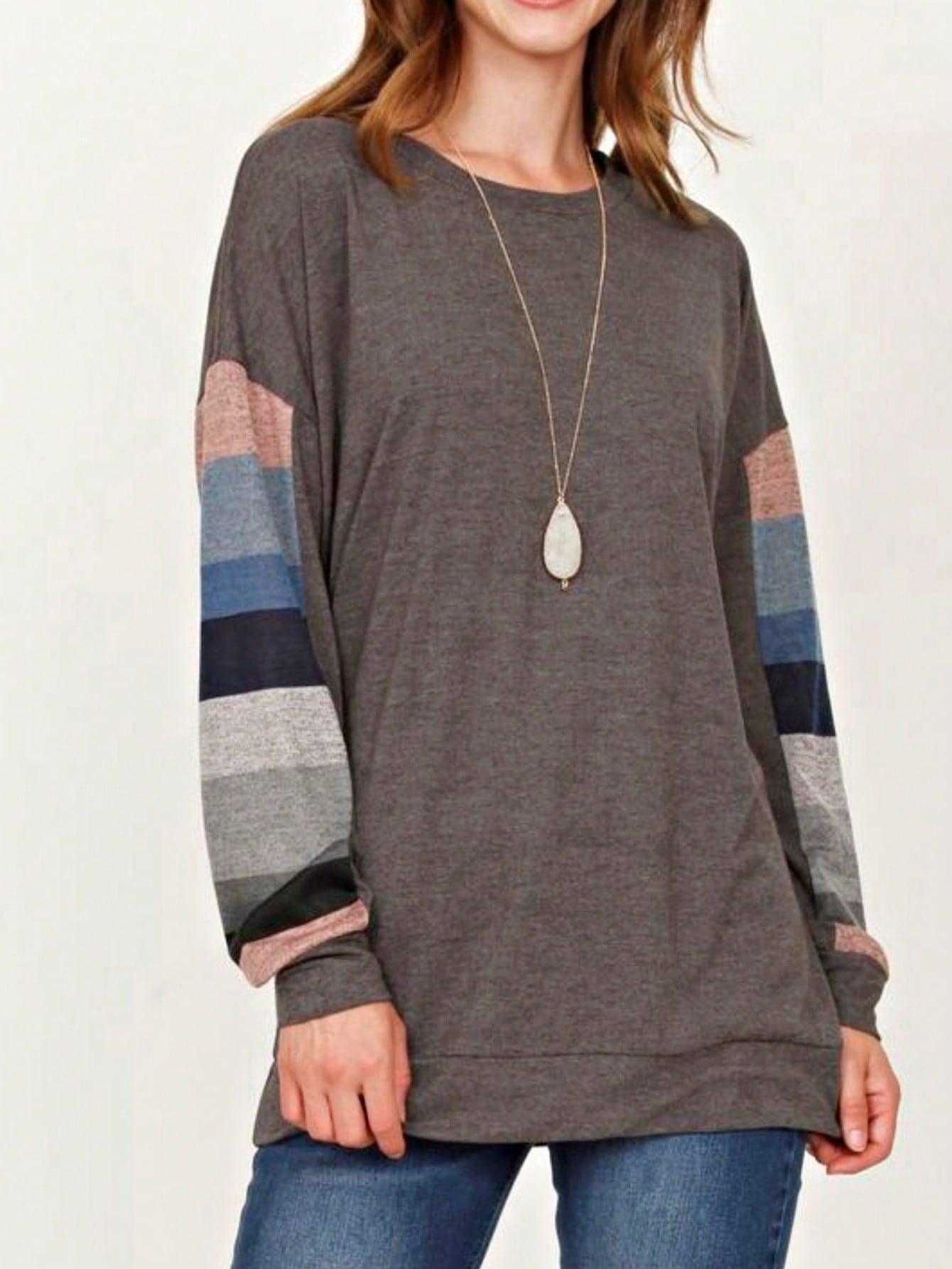 Boho Retro 90's Vintage  Preppy V Stitch  Stripe Knit Contrast Binding Brushed Soft Floral Raglan Sleeve Tunic Top Pullover Only