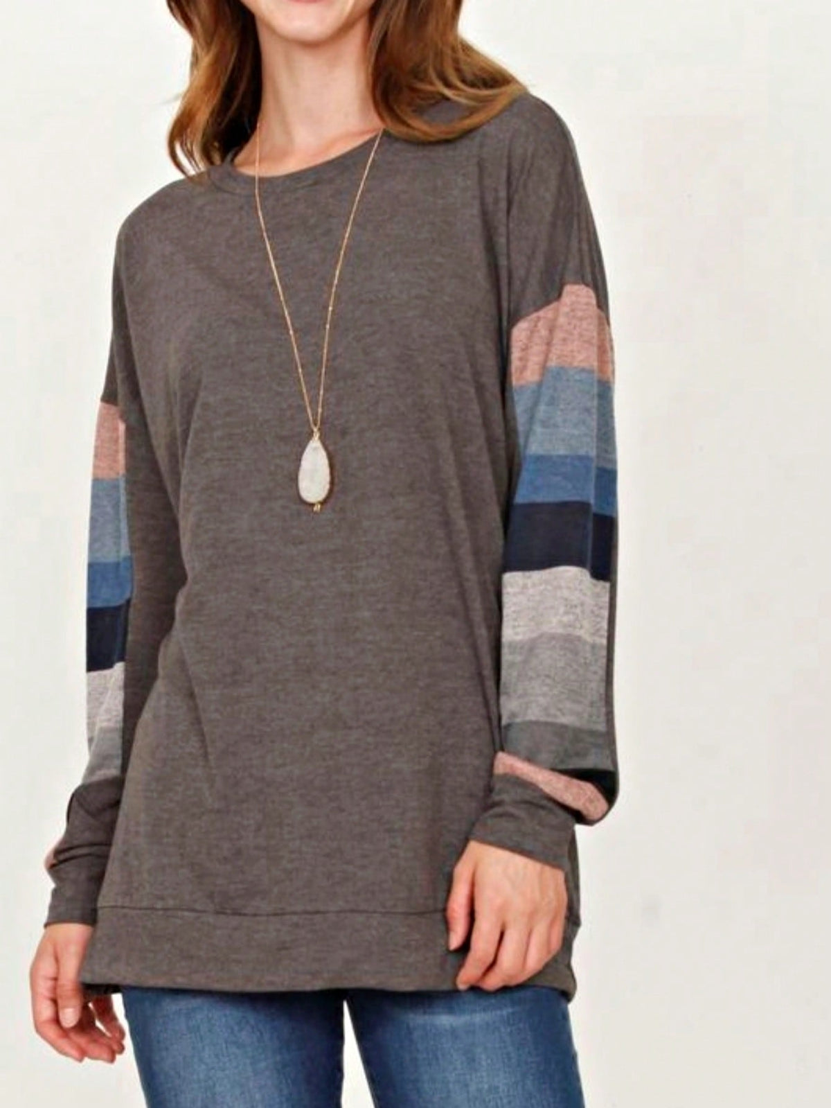 Boho Retro 90's Vintage  Preppy V Stitch  Stripe Knit Contrast Binding Brushed Soft Floral Raglan Sleeve Tunic Top Pullover Only