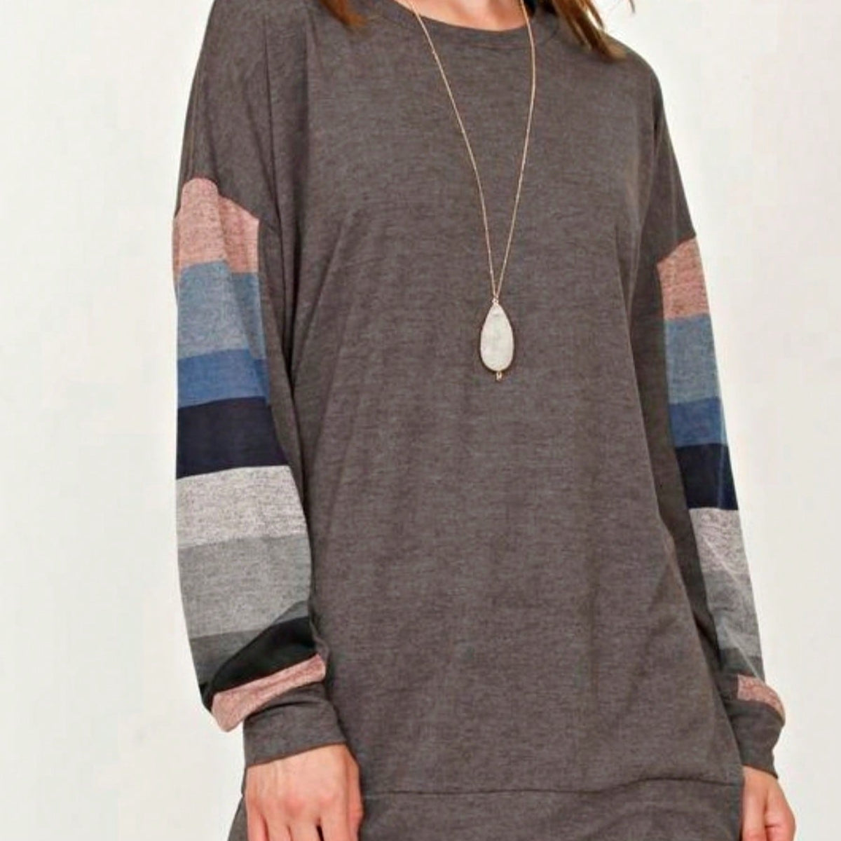 Boho Retro 90's Vintage  Preppy V Stitch  Stripe Knit Contrast Binding Brushed Soft Floral Raglan Sleeve Tunic Top Pullover Only