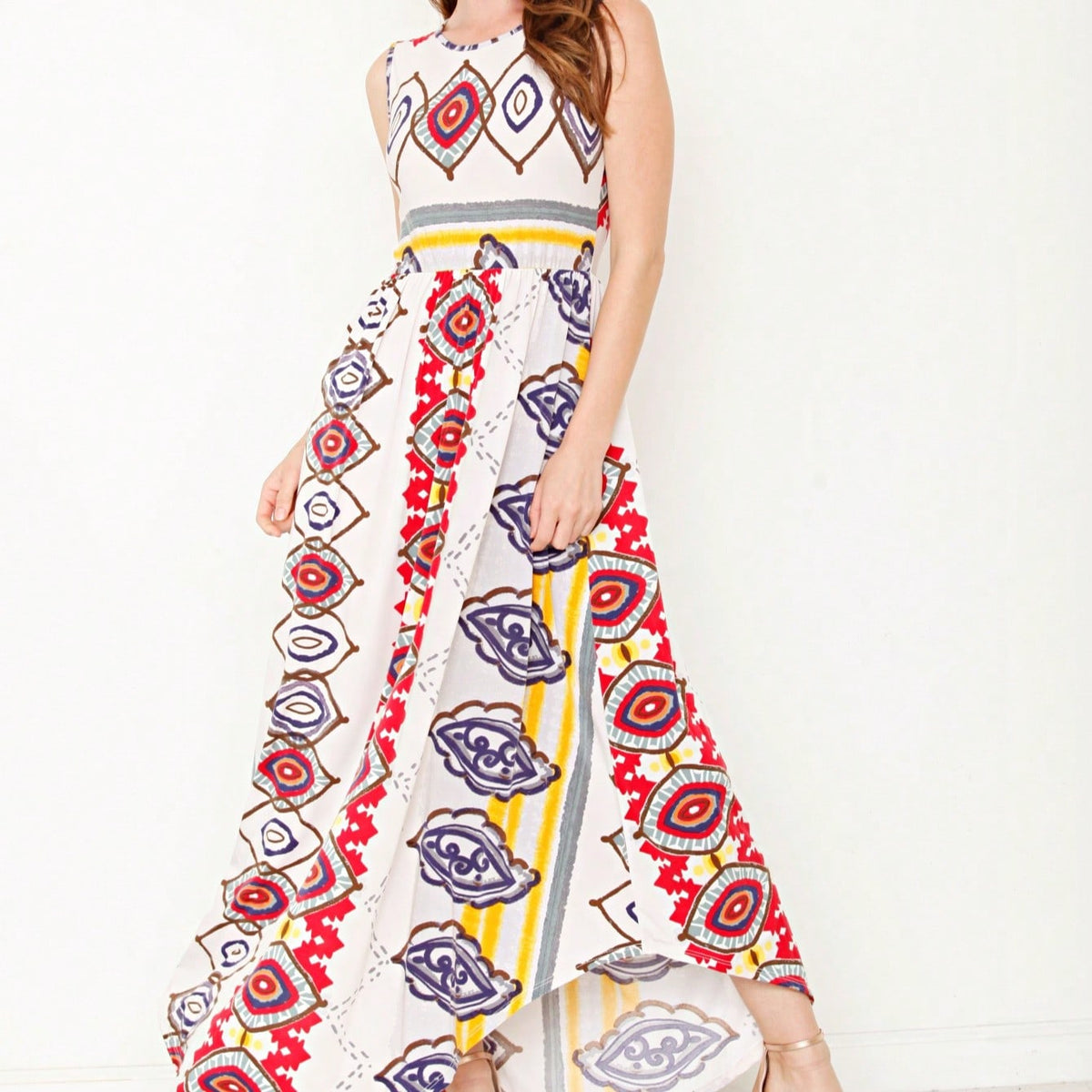 Boho Retro Polka Dot Rayon Mix Casual  Maxi Dress With Folded Cap Sleeve Side Pockets Versatile Summer Dress For Women