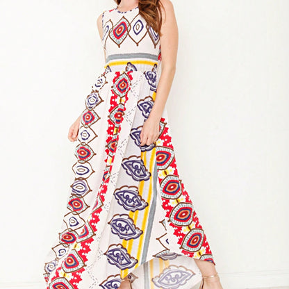 Boho Retro Polka Dot Rayon Mix Casual  Maxi Dress With Folded Cap Sleeve Side Pockets Versatile Summer Dress For Women