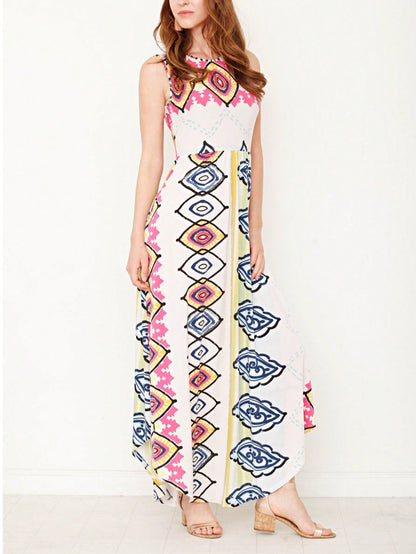 Boho Retro Polka Dot Rayon Mix Casual  Maxi Dress With Folded Cap Sleeve Side Pockets Versatile Summer Dress For Women