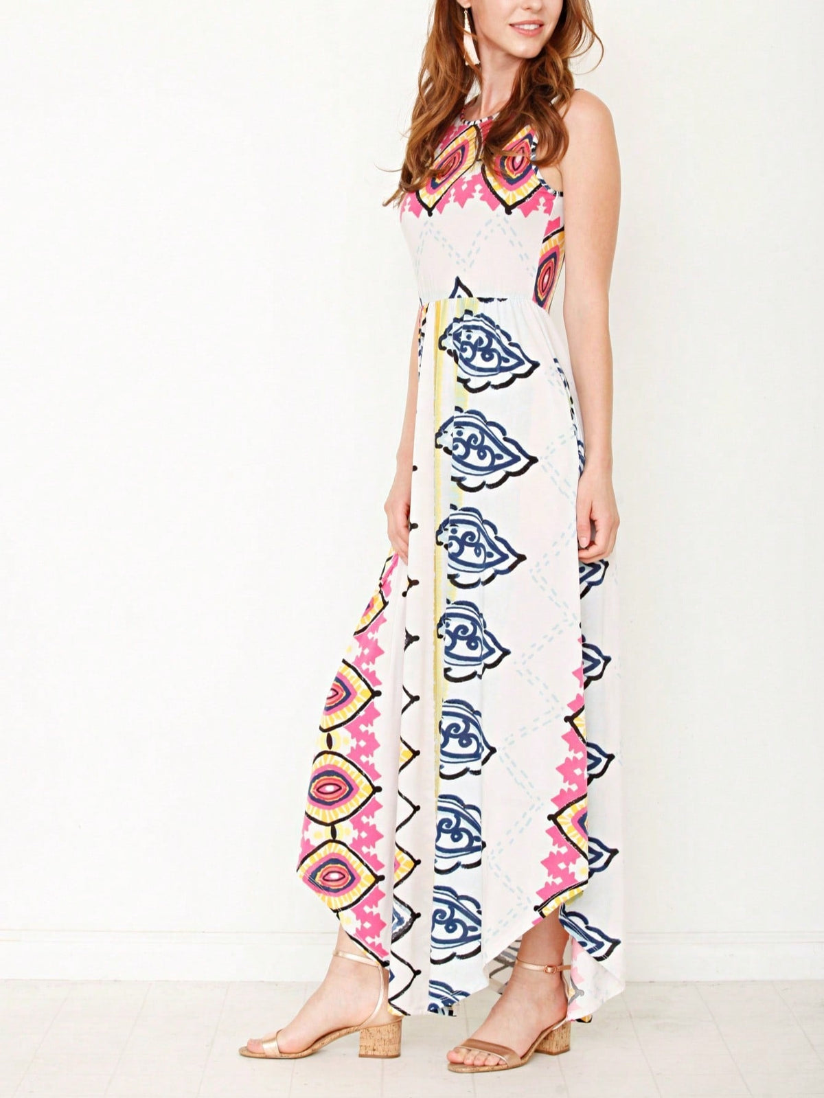 Boho Retro Polka Dot Rayon Mix Casual  Maxi Dress With Folded Cap Sleeve Side Pockets Versatile Summer Dress For Women