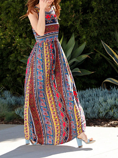 Boho Retro Polka Dot Rayon Mix Casual  Maxi Dress With Folded Cap Sleeve Side Pockets Versatile Summer Dress For Women