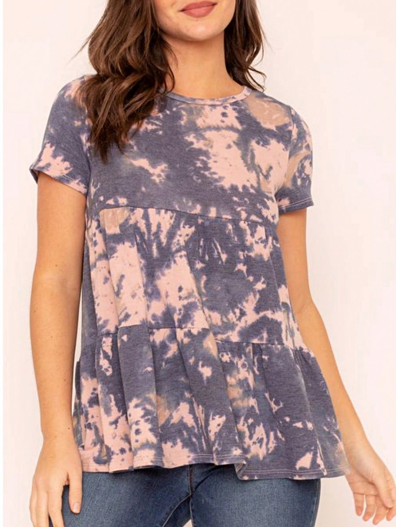 Brushed Boho Retro Vintage 60's Tiered Tie Dye Light Pink Blue Short Sleeve Tunic Shirt Top