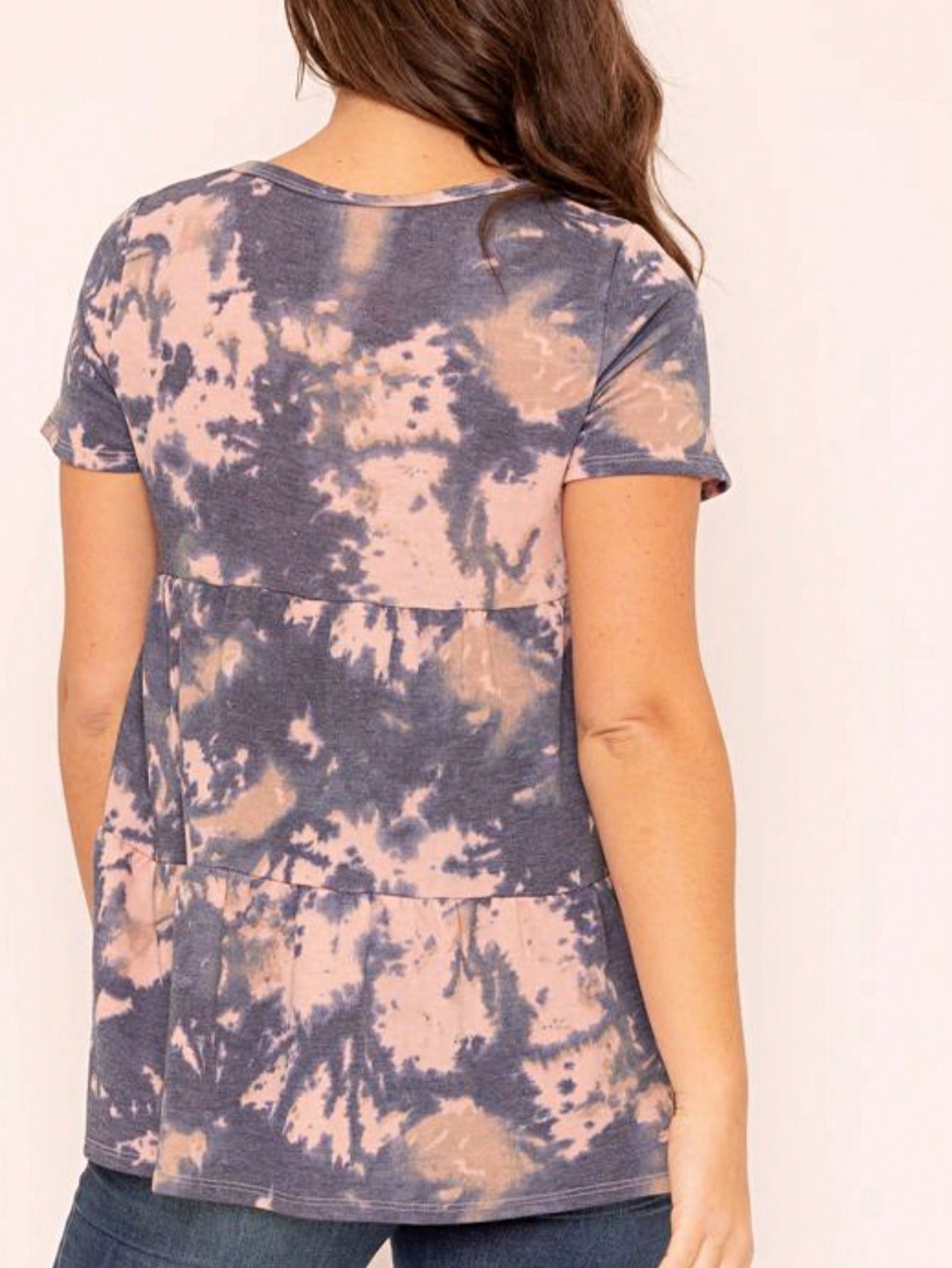 Brushed Boho Retro Vintage 60's Tiered Tie Dye Light Pink Blue Short Sleeve Tunic Shirt Top
