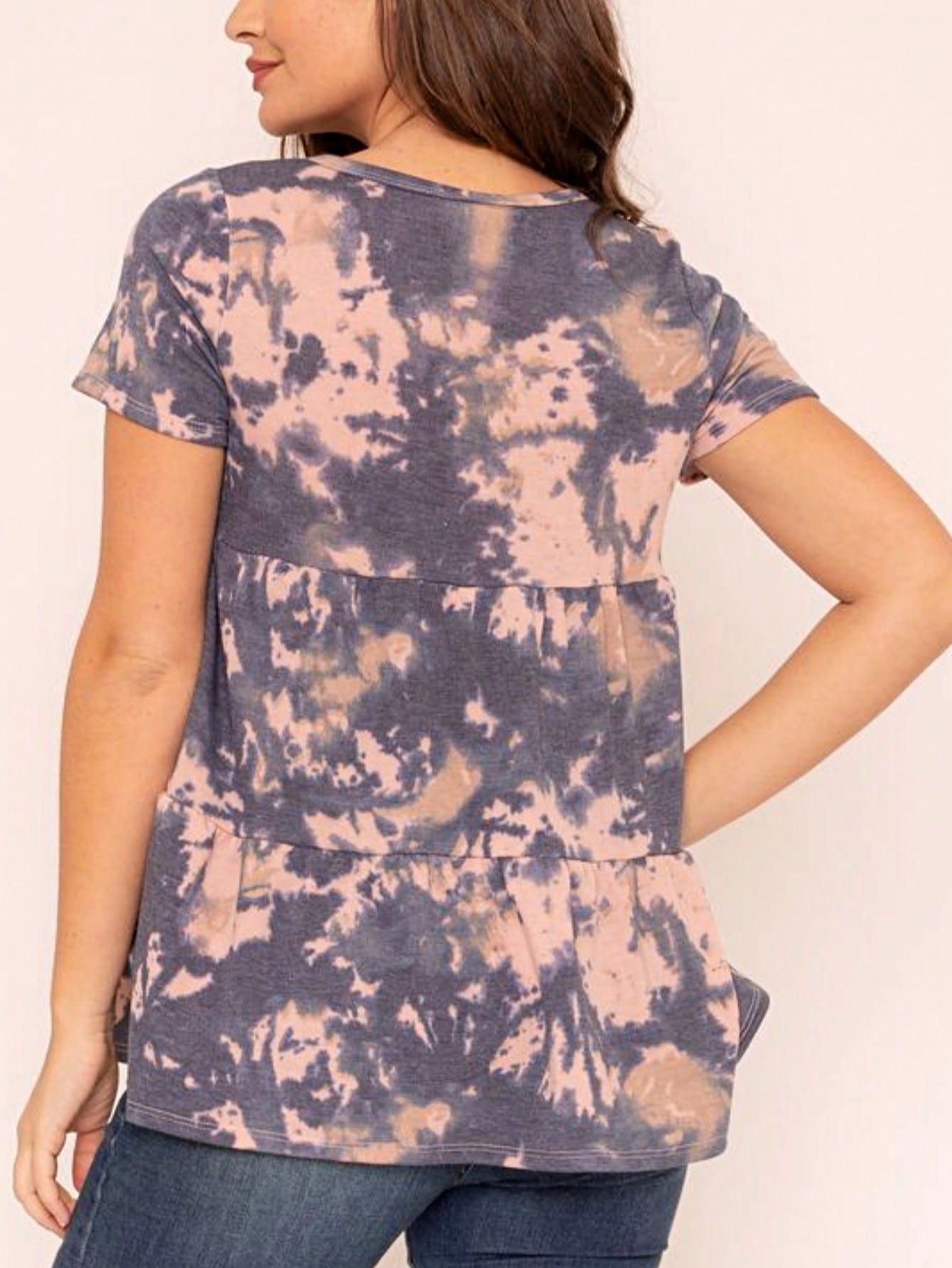Brushed Boho Retro Vintage 60's Tiered Tie Dye Light Pink Blue Short Sleeve Tunic Shirt Top