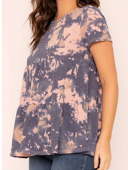 Brushed Boho Retro Vintage 60's Tiered Tie Dye Light Pink Blue Short Sleeve Tunic Shirt Top