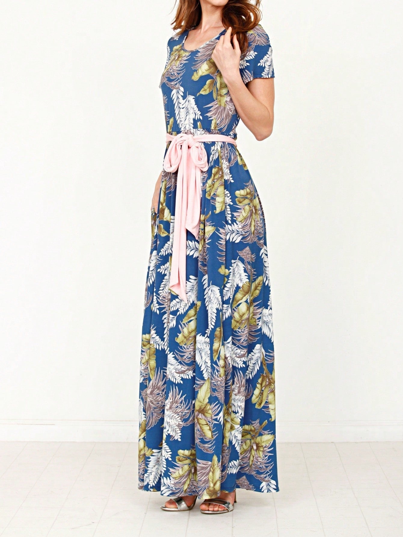 Boho Retro Polka Dot Rayon Mix Casual  Maxi Dress With Folded Cap Sleeve Side Pockets Versatile Summer Dress For Women