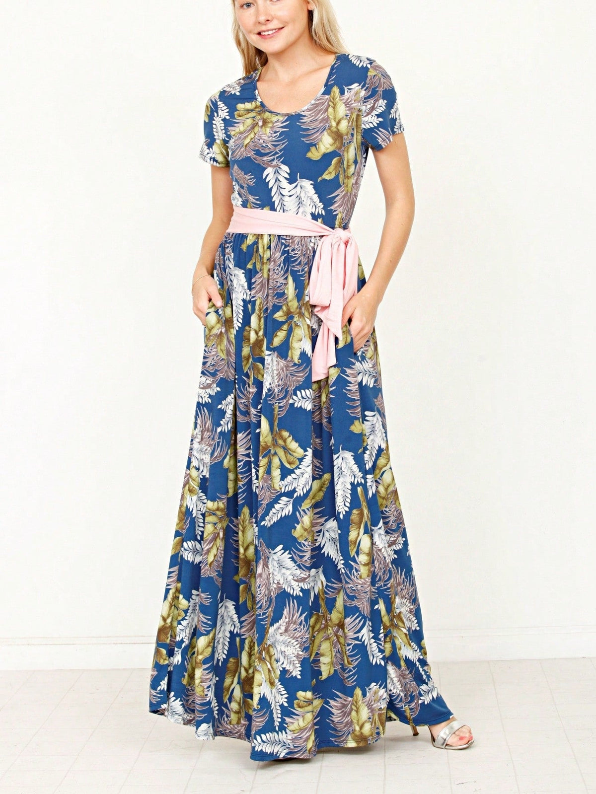 Boho Retro Polka Dot Rayon Mix Casual  Maxi Dress With Folded Cap Sleeve Side Pockets Versatile Summer Dress For Women