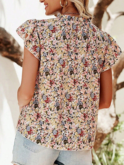 Boho Retro Vintage 60's Vibe Rose Red Floral Pleated Blue Stripe Dolman Bat Wing Ivory Whited Top Shirt Blouse