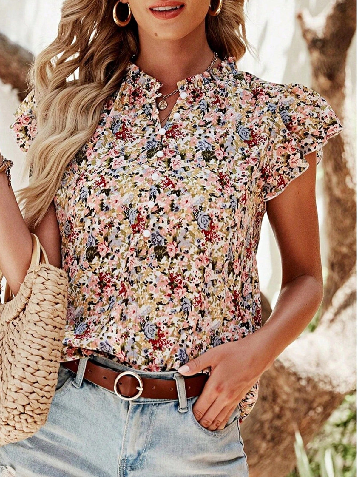 Boho Retro Vintage 60's Vibe Rose Red Floral Pleated Blue Stripe Dolman Bat Wing Ivory Whited Top Shirt Blouse